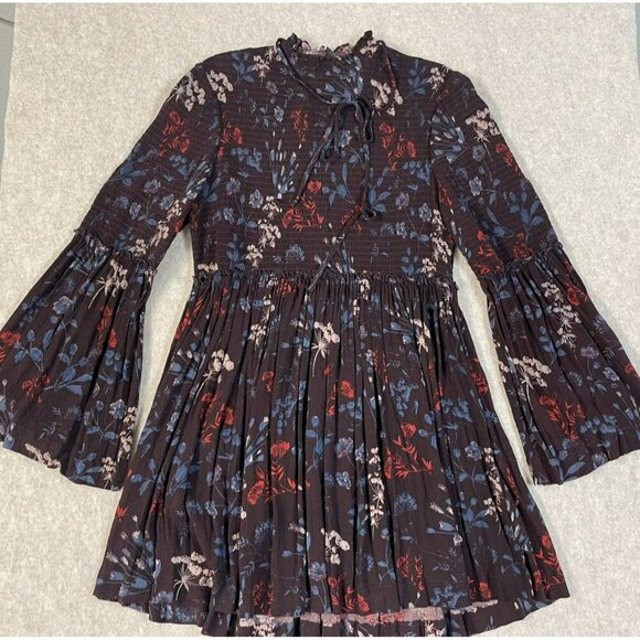Free People Dresses & Skirts - Free People Womens Long Sleeve Smocked Mini Dress Mock Neck Bell Sleeves Size Lg